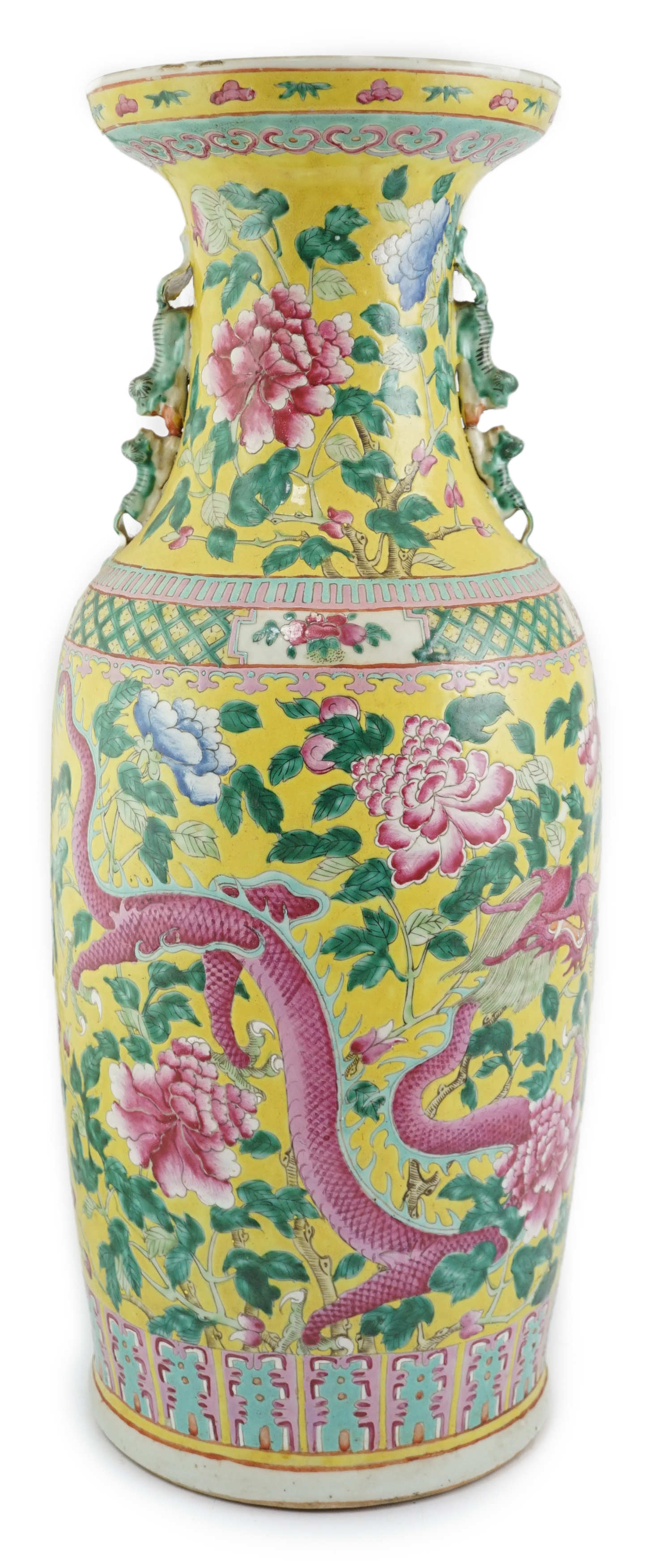 A tall Chinese Straits yellow ground ‘dragon’ vase, 19th century, rim chips